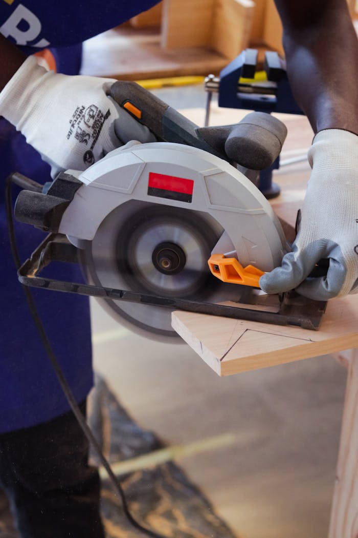 Close-up of a carpenter in Malawi skillfully using a circular saw for precise woodwork.